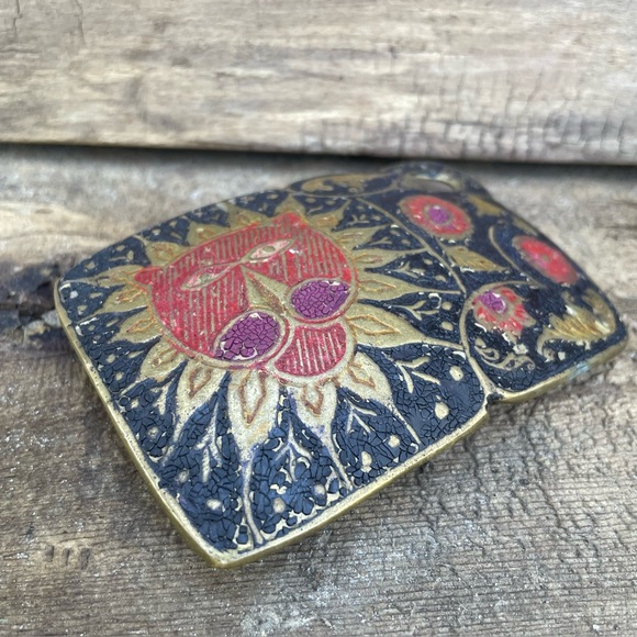 Vintage Handcast Brass Belt Buckle Boho Hippie Botanical & Lion Animal Figural - Picture 5 of 11